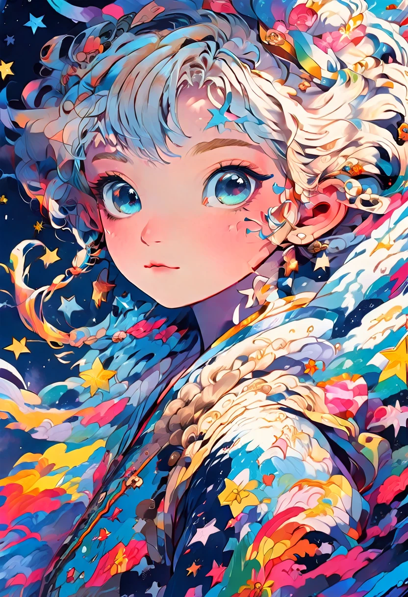 Top quality, detailed, dense, 8k, illustration, anime, girl, cute, blue eyes, looking up at sky, night sky, stars, colorful, foot angle, full body, colorful hair color, colorful outfit, intricate detailed, perfect shading