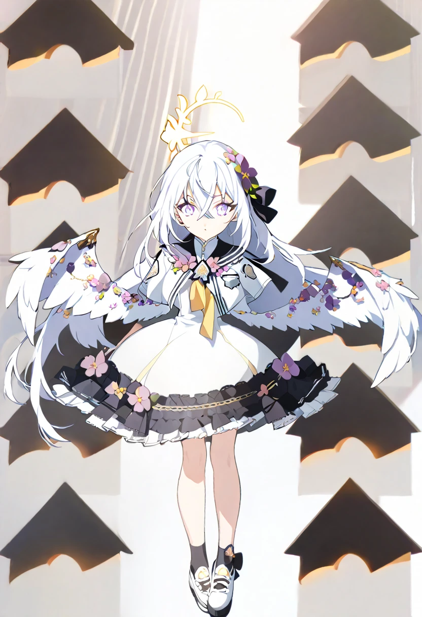 azusa \(blue archive\),1girl aged_down anchor_bracelet anchor_choker angel_wings blue_choker blue_ribbon blue_sailor_collar braid choker collarbone crossed_bangs dress expressions feathered_wings flower full_body gas_mask grey_hair hair_between_eyes hair_flower hair_ornament hair_ribbon halo hat long_hair looking_at_viewer low_twin_braids low_wings mask neckerchief pigeon-toed purple_eyes ribbon sailor_collar sailor_hat salute school_uniform serafuku shoes short_sleeves sneakers socks standing twin_braids two-finger_salute v very_long_hair white_dress white_footwear white_socks white_wings wings yellow_neckerchief