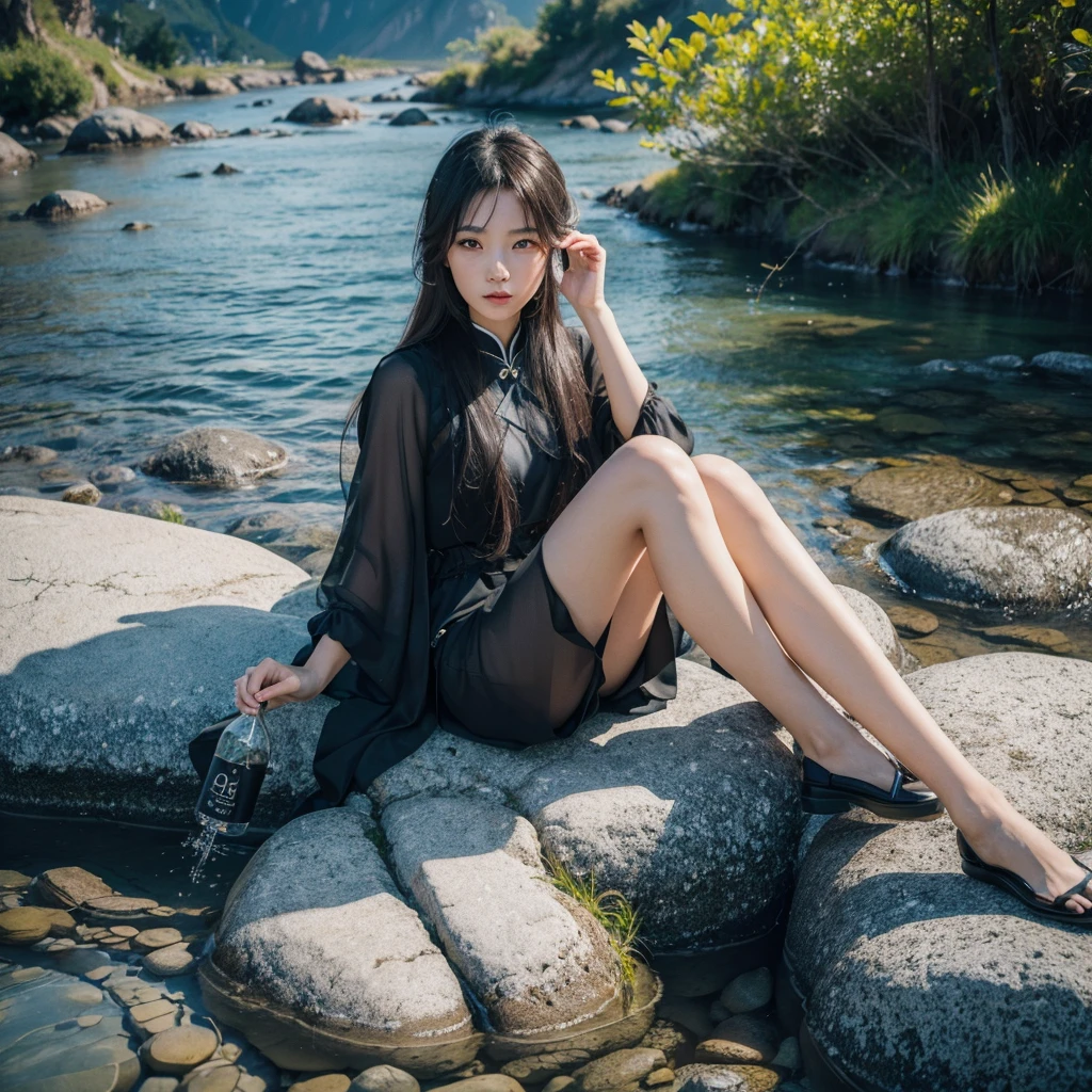 a beautiful chinese girl, sitting on rock, holding mineral water bottle, exhausted from mountain hiking, detailed face, intricate clothing folds, dramatic lighting, cinematic composition, muted color palette, (best quality,4k,8k,highres,masterpiece:1.2),ultra-detailed,(realistic,photorealistic,photo-realistic:1.37),detailed facial features,extremely detailed eyes and face,longeyelashes,digital painting,concept art