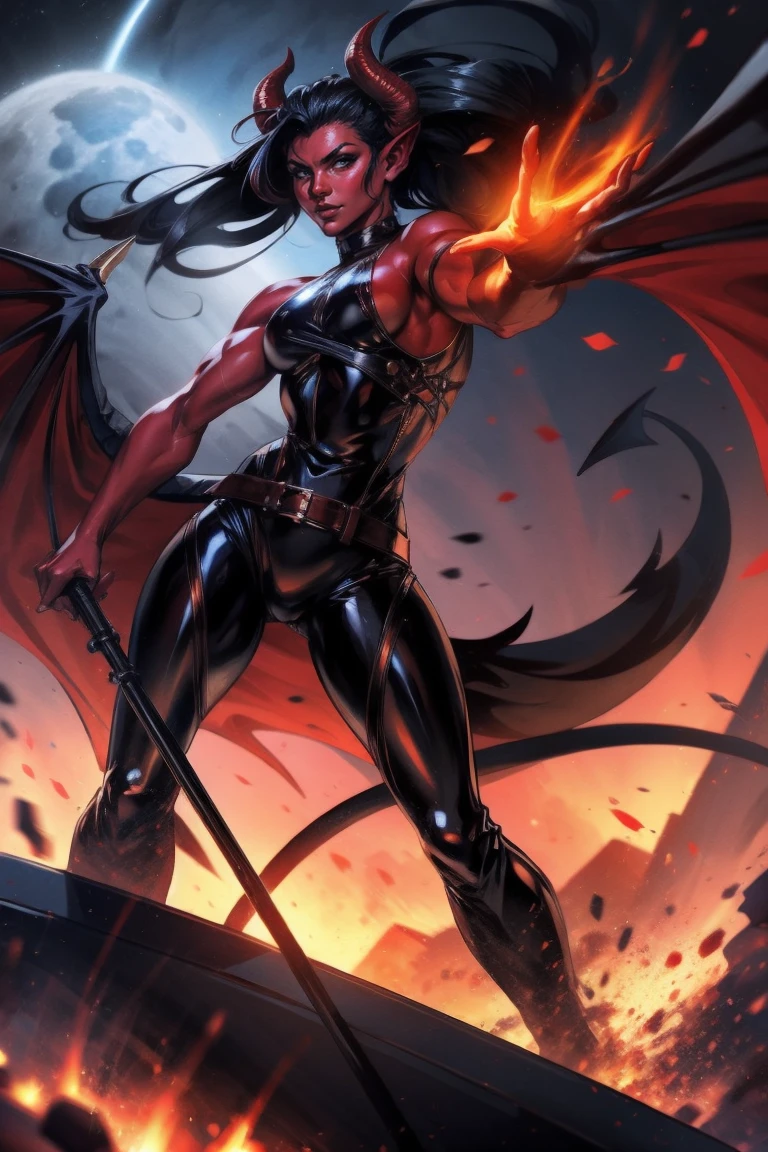 Red skin succubus tiefling, medium breasts, black horns, wings, huge tail, black leather, tall, toned, graceful, thin, long black ponytail. Action scene, shotgun. Dark scene, explosions, night sky.