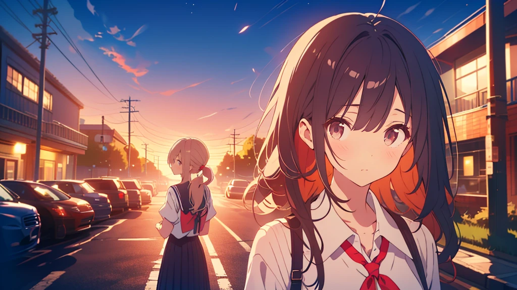 bangs, Long Hair, Hair above the eyes, Lost in Thought, Side Ponytail, Anime Style, 超High resolution, masterpiece, Textured skin, High resolution, Highest quality, High school girl standing on a street corner, in the evening, 