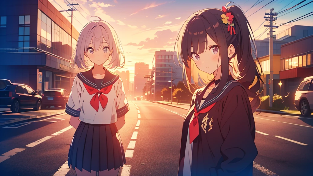 bangs, Long Hair, Hair above the eyes, Lost in Thought, Side Ponytail, Anime Style, 超High resolution, masterpiece, Textured skin, High resolution, Highest quality, High school girl standing on a street corner, in the evening,