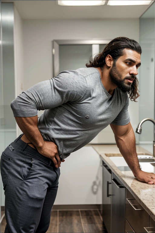 A Hispanic black man with a face that looks like Henry Cavill. black man, His body is muscular and he has a toothed beard.. Big Booty, in a moment of reflection. full body. Fajada shirt, semi formal clothing, grey pants, backside.