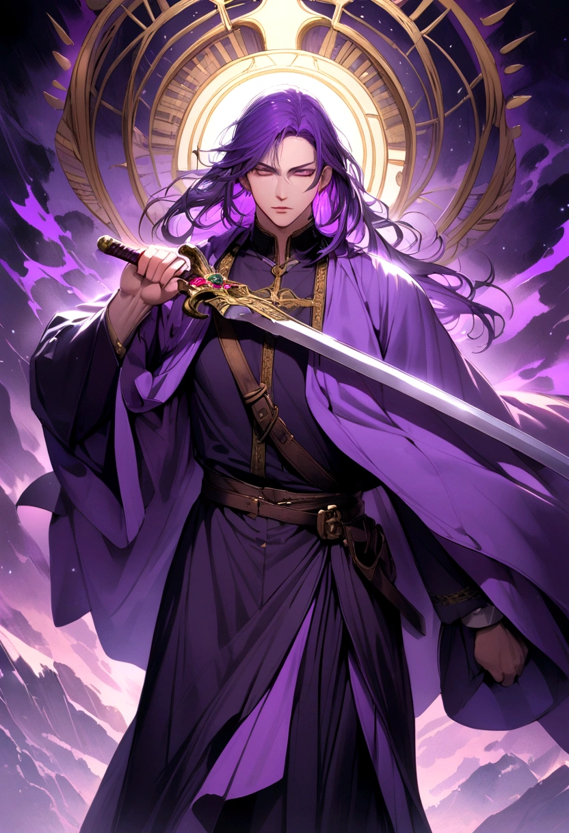purple haired man with robe and carrying sword