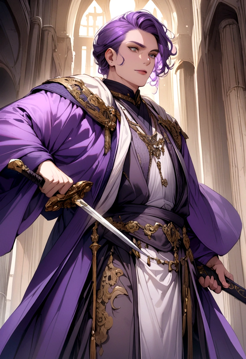 purple haired man with robe and carrying sword