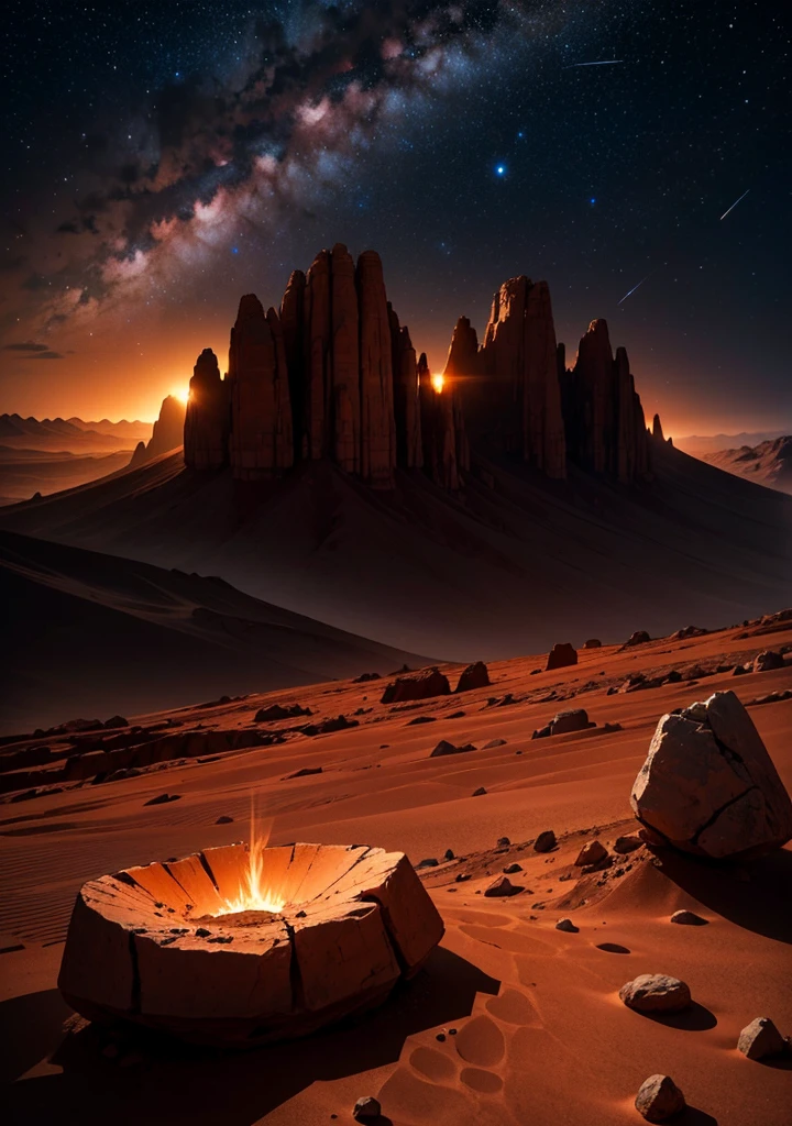 A breathtaking Martian landscape under the night sky, featuring an expanse of rocky terrain with scattered stones and boulders. Jagged mountains rise in the background, their silhouettes outlined by the soft glow of distant stars. The night sky is clear and filled with countless stars, casting a serene light over the barren, red-tinged surface of Mars. The scene is tranquil and otherworldly, capturing the stark beauty of the Martian night