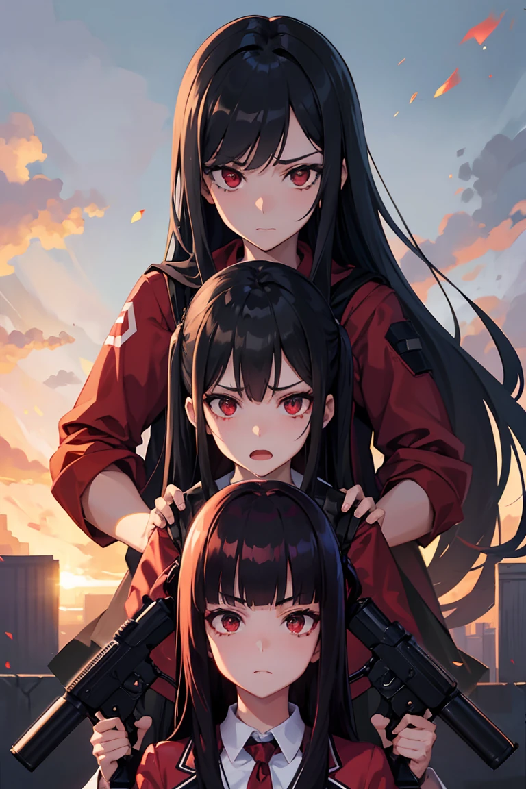 Two Girls、Black Hair、Red hair、glare at each other、Gunfight、Pointing guns at each other、Grim expression、Upper Body、Anime Style、wilderness、spark