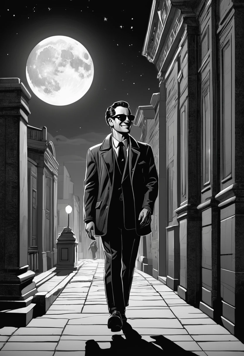 An adult man, of medium build, in a comic-style illustration, smiling slyly and maliciously while walk going away from an art´s museum, the general aesthetic is reminiscent of a strip black comic, with shades of gray in a black and white composition, enhanced by a single and mysterious touch of moonlight. adding an air of cinematic tension