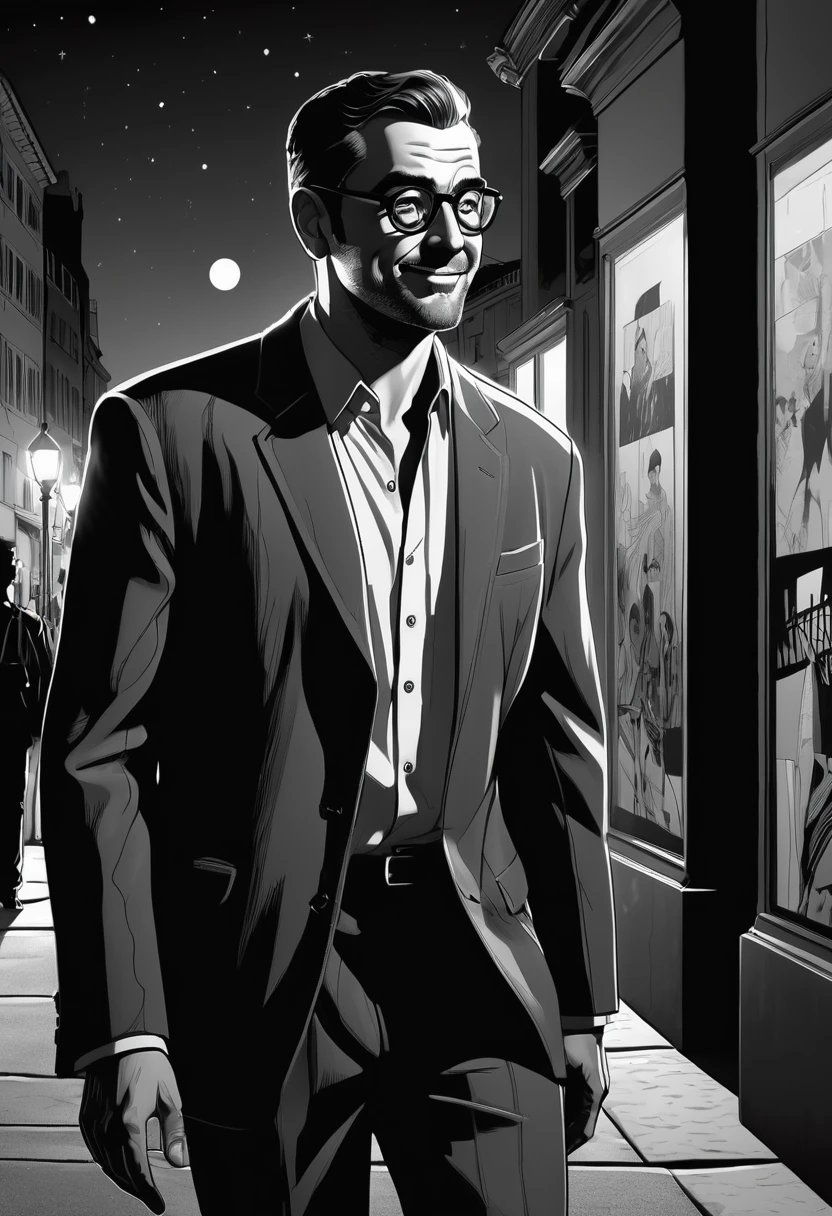 An adult man, of medium build, in a comic-style illustration, smiling slyly and maliciously while walk going away from an art´s museum, the general aesthetic is reminiscent of a strip black comic, with shades of gray in a black and white composition, enhanced by a single and mysterious touch of moonlight. adding an air of cinematic tension