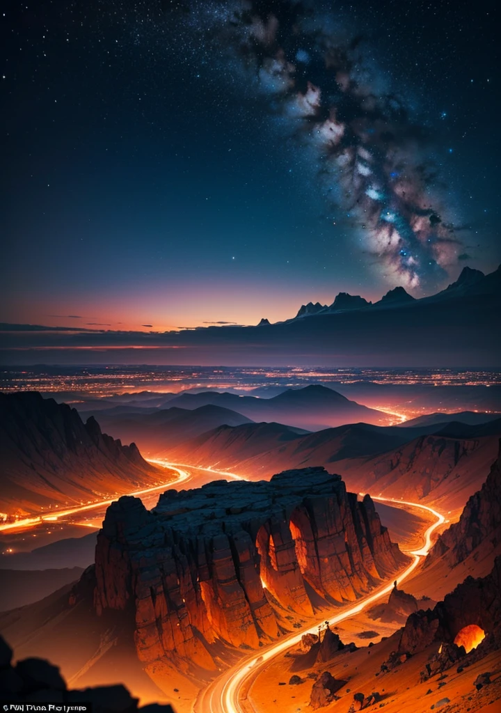 A breathtaking Martian landscape under the night sky, featuring an expanse of rocky terrain with scattered stones and boulders. Jagged mountains rise in the background, their silhouettes outlined by the soft glow of distant stars. The night sky is clear and filled with countless stars, casting a serene light over the barren, red-tinged surface of Mars. The scene is tranquil and otherworldly, capturing the stark beauty of the Martian night