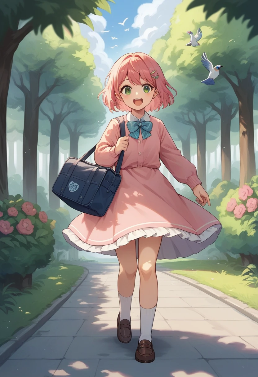 A cute little girl carrying a schoolbag on her way home from school,Wearing a pink dress,Wearing a bow hairpin on the head,Walking briskly on the sunny street。She is surrounded by green trees.,Birdsong and Flowers,The whole scene is filled with a warm and joyful atmosphere.。