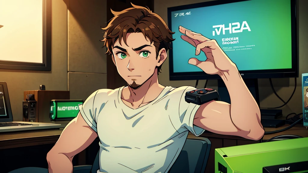 A young age man with a thin beard with a cute look, thin and slight body, green eyes, light brown hair, playing video games, holding joysticks, 4k resolution, highresolution