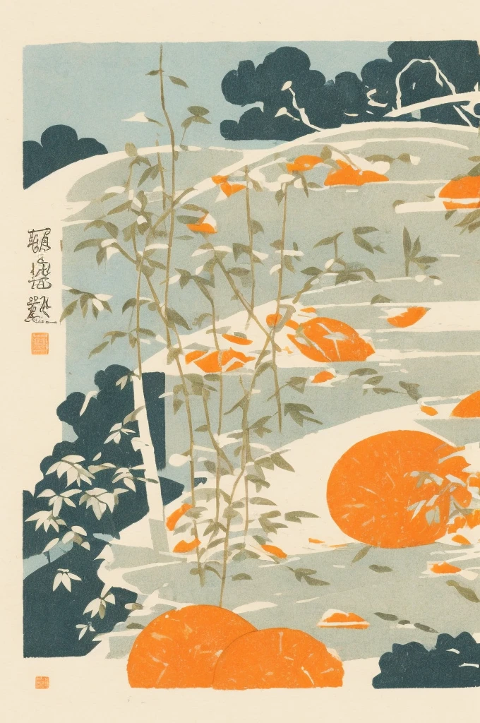 Illustration: simple woodblock printing style , Chinese food, pork buns, steamed balls of dough with pleats dotted with orange zest on top. Serve in a bamboo steamer filled with plenty of water.