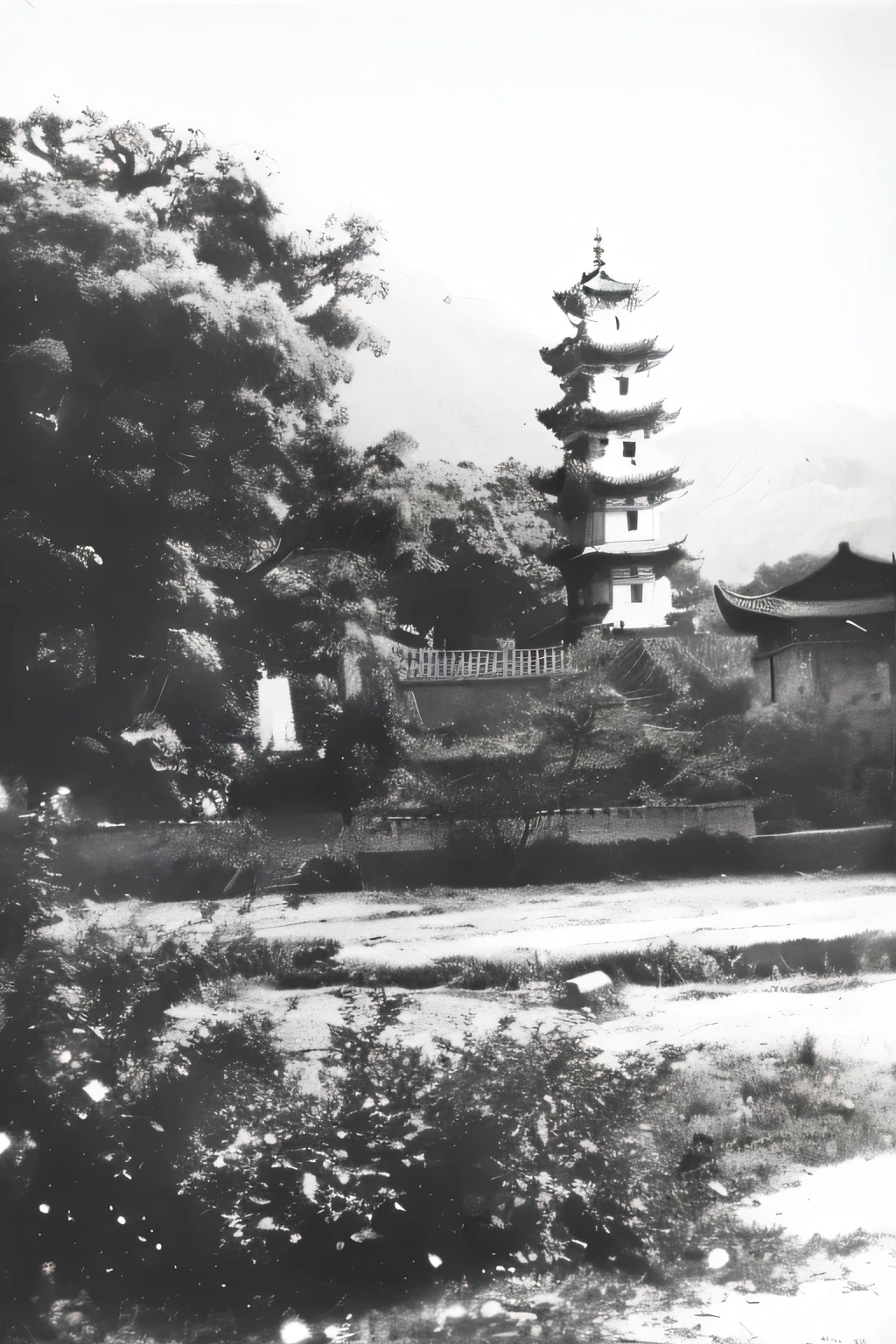there is a black and white photo of a pagoda in the middle of a park, pagoda, Historical photosgraph, Ancient Chinese Tower, Historical photos, Historical image, Photos from the 1900s, pagodas on hills, unknown location, Cai Zhiyun, Photos from 1930, 1 9 4 8 Photos, Historical photos, Scroll, vietnamese temple scene
