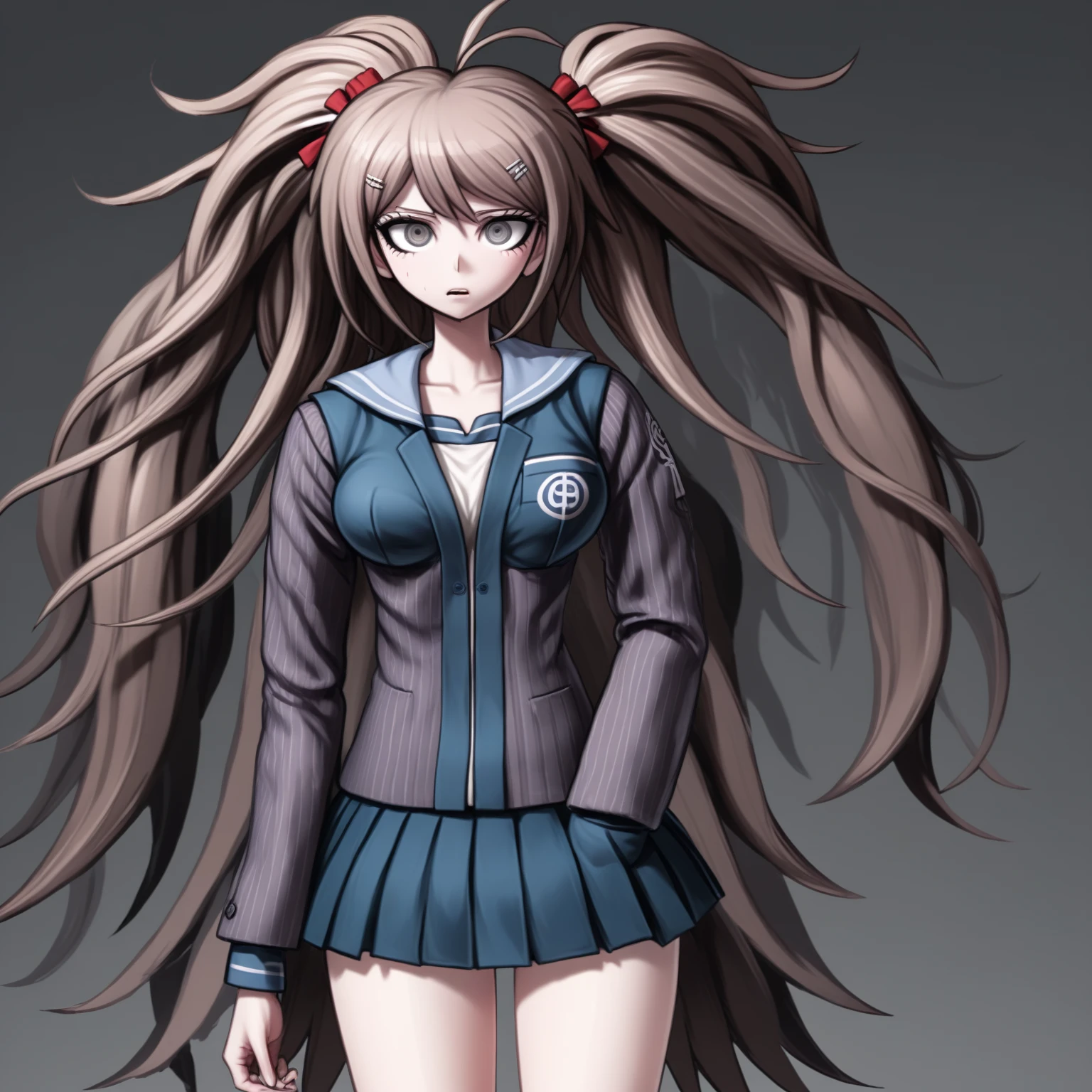 Woman, violent, elegant design, long hair,content expressions, danganronpa style, thick lines, full-body portrait, detailed eyes, close-up, 