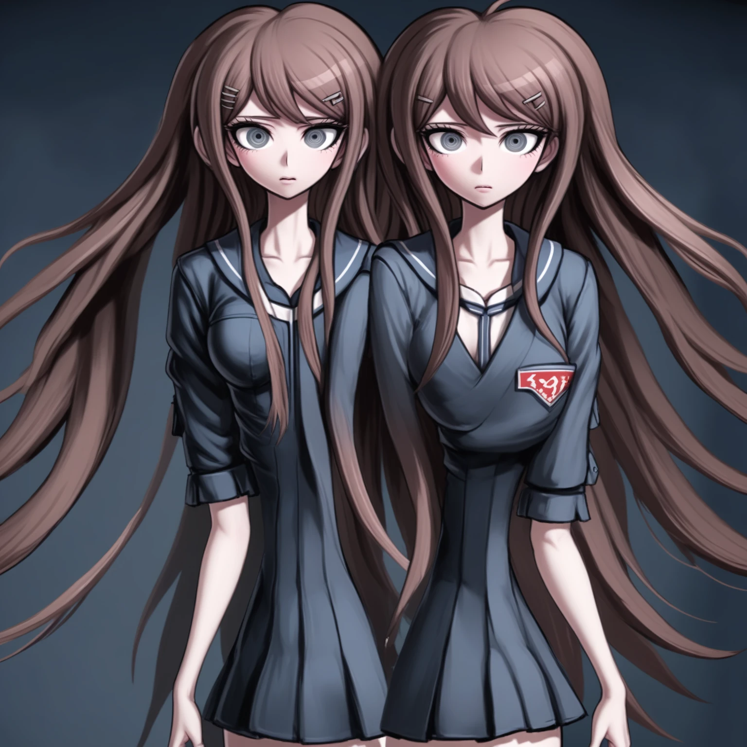 Woman, violent, elegant design, long hair,content expressions, danganronpa style, thick lines, full-body portrait, detailed eyes, close-up, 