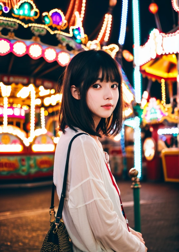 (Realistic, photo-Realistic:1.37),(8K, RAW Photos, Highest quality, masterpiece:1.2), Ultra-detailed, 超High resolution, Kodak Vision Color, Filmed with an Arricam LT camera,Highest quality, Lively, 8K, High resolution, 1 girl, Escape, (Professional Lighting), (Portraiture:0.6), Black Hair, (Medium Hair),22 years old、amusement park、Going on a date、