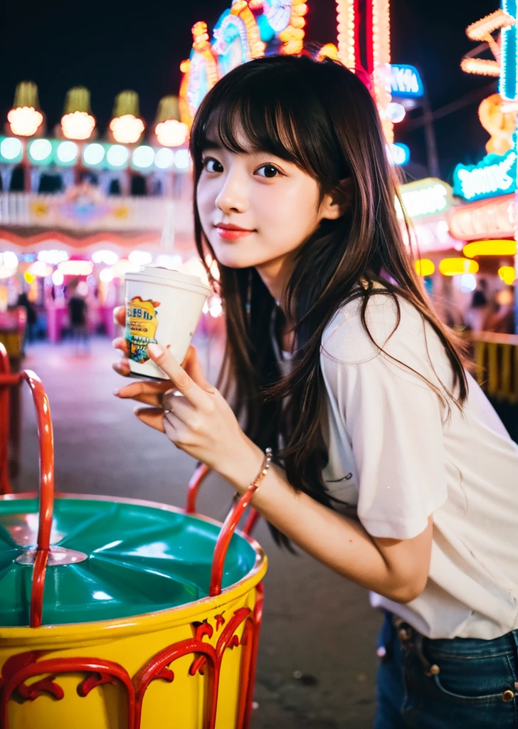 （Realistic, photo-Realistic:1.37),(8K, RAW Photos, Highest quality, masterpiece:1.2),  Ultra-detailed, 超High resolution, Kodak Vision Color, Filmed with an Arricam LT camera,Highest quality, Lively, 8K, High resolution, 1 girl, Escape, (Professional Lighting), (Portraiture:0.6), Black Hair, (Medium Hair）,22 years old、amusement park、Going on a date、