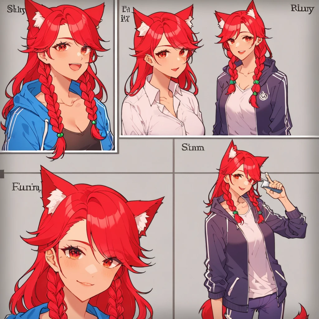  1 Girl, Red hair, Animal ears, Wear a long-sleeved jacket, creative design, whole body, Reference table, Role List, Tokyo Avengers Style、Red Hair、Red eyes、Long hair、Double braids、Girl、Lovely、Energetic、Combo chart、whole body立绘，from head to foot，Facial Expression Differences，different dynamics，Different expressions，Combo chart、Big news、body movements、