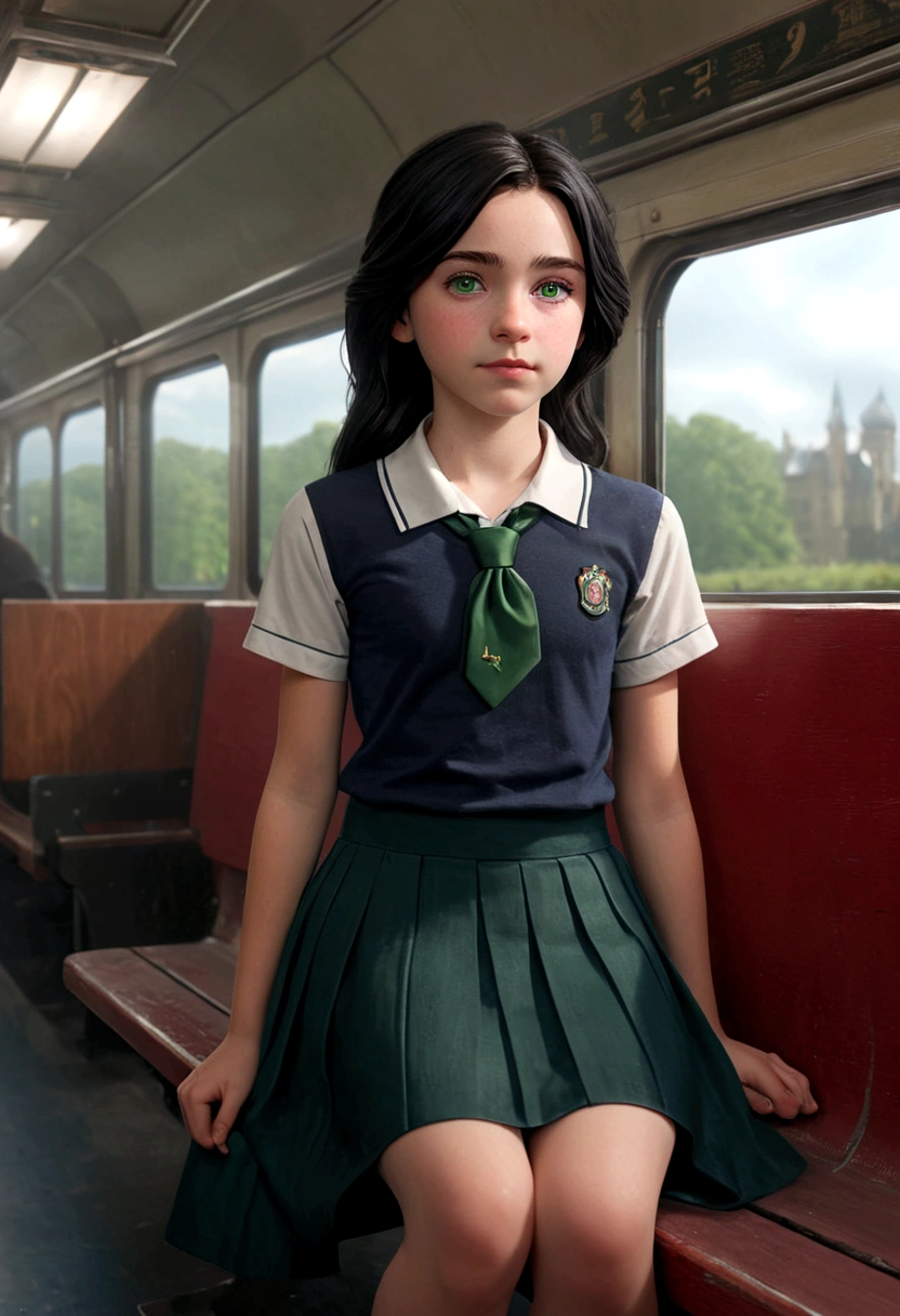 young 9-year-old daughter of severus snape,((highest quality)),(ultra high resolution),(Super detailed),(detailed description),((best CG)),(best work of art) ,black hair, green eyes, (masterpiece, best quality:1.2), 8k, , 85mm, official art, raw photo, absurdres, white dress shirt, pretty face, close up, upper body, violaceaess, gardeniass, beautiful girl, , (navy pleated skirt:1.1), cinch waist, thighs, short sleeve, in train, sitting on bench seat, looking at viewer, no makeup, (smile:0.4), film grain, chromatic aberration, sharp focus, facelight, clear lighting, teentailed face, bokeh background, (dark red necktie:1.1)