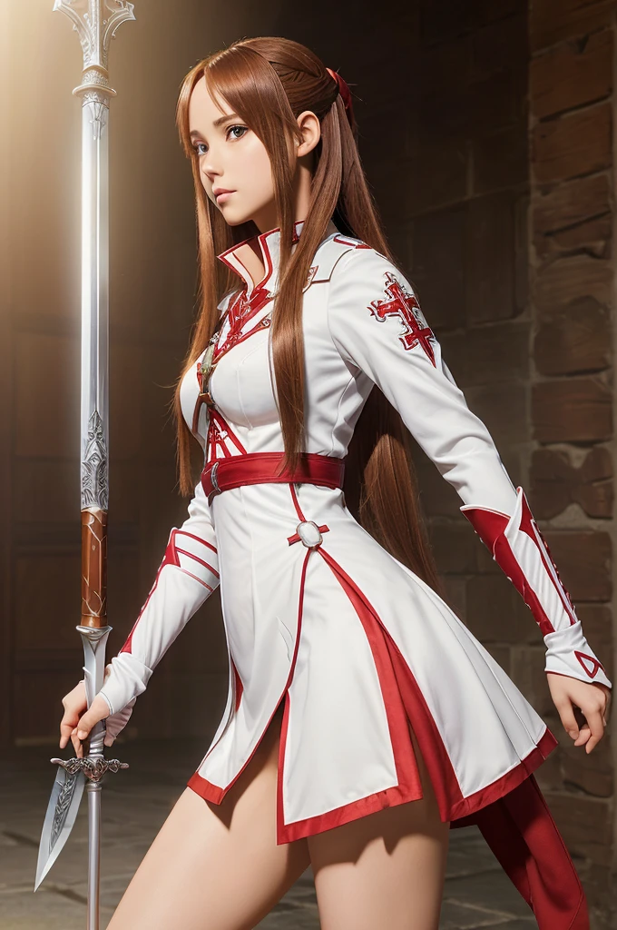 ((best quality)), ((masterpiece)), (detailed), ((Focus))illustration of sexy Asuna Yuuki from the anime series Sword Art Online,( Dress:White and red knight uniform with cross motif)(carrying weapons:Lambent Light,Rapier)( hairstyle:Long chestnut hair) (camera Angle: full body view) vibrant and contrasting colors lighting , highlight, fantasy world.