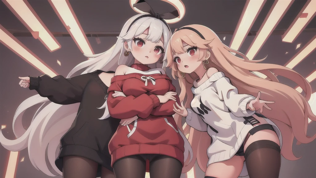 masterpiece, best quality, highres, bbyorf, long hair, white hairband, red eyes, gold earrings, large breasts, jewelry, off shoulder, red sweater, sweater dress, long sleeves, black pantyhose, cowboy shot, standing, from below, spread legs