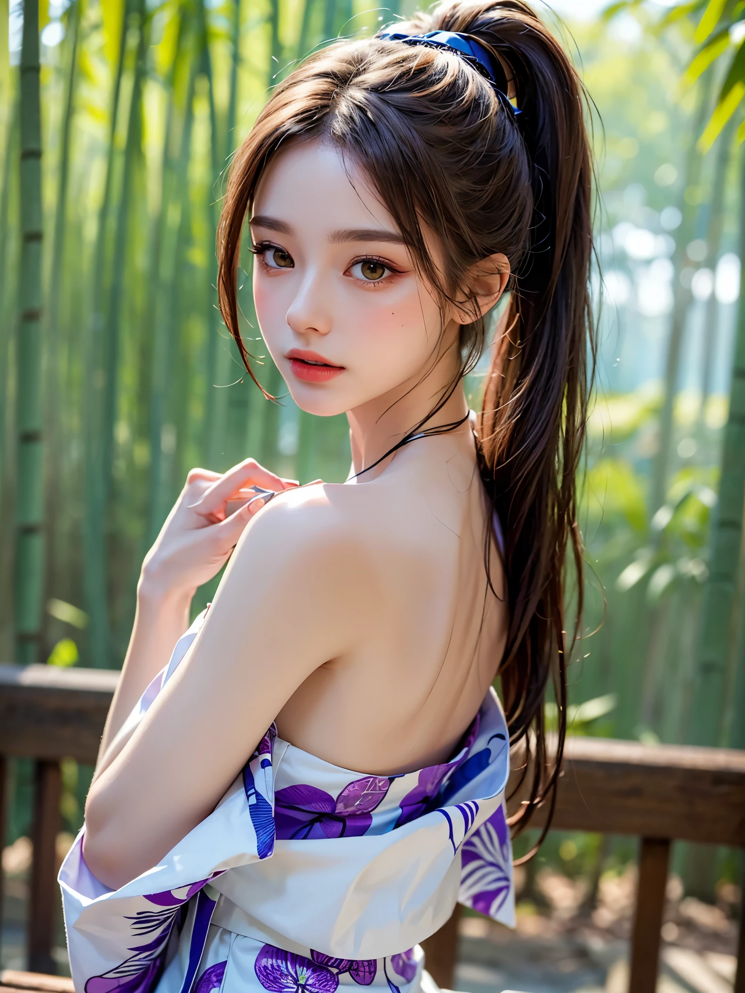 masterpiece, best quality, extremely detailed CG unity 8k wallpaper, Wearing a detailed, high-definition purple kimono。lips, Open_mouth, Realistic, photograph_\(Moderate\), alone, (masterpiece),(photographRealistic:1.3), Very detailed, (Skin with attention to detail:1.2),(Highest quality:1.0), (Ultra-high resolution:1.0), Beautiful long hair tied in a ponytail,  (Beautiful and detailed makeup), (Sexually excited、Blushing、breathing becomes rough:1.0), Looking back from a rear angle。The background is a bamboo forest with many strips of paper.。