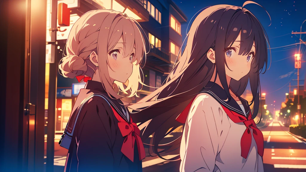bangs, Long Hair, Hair above the eyes, Lost in Thought, Side Ponytail, Anime Style, 超High resolution, masterpiece, Textured skin, High resolution, Highest quality, High school girl standing on a street corner, in the evening,
