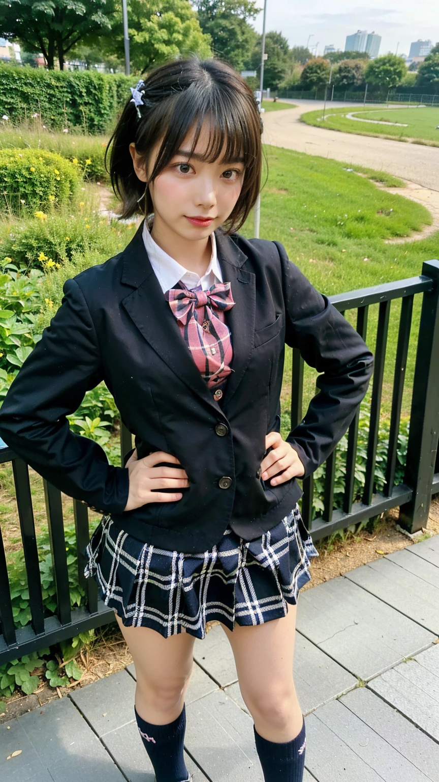 (8K、RAW Photos、Highest quality、masterpiece:1.2)、(Realistic、Realistic)、1 Girl、((Black Check Mini Skirt、High School Uniform、blazer、Navy Socks、loafers、Medium Hair、garden、View from the front、Looking into the camera、Stand with hands on hips))、cute