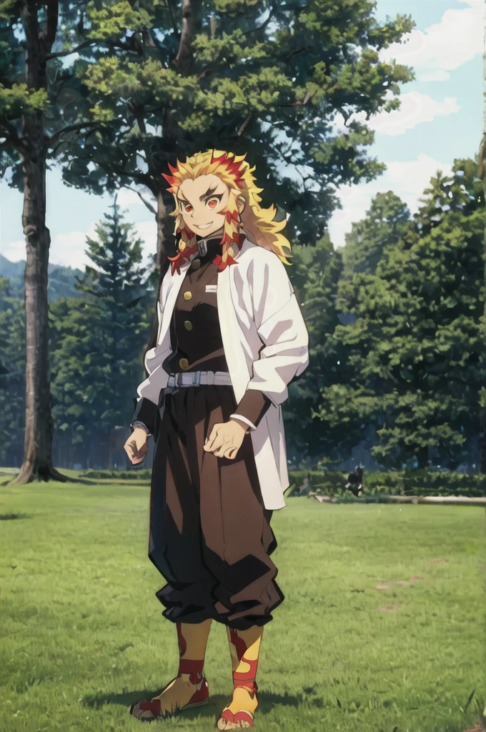 rengoku kyoujurou, demon slayer, 1boy, solo, sky, nature, tree, male focus, long hair, smile, blonde hair, red hair, red eyes, long sleeves, demon slayer uniform, outdoors, day, best quality, masterpiece, full body, standing, hands down