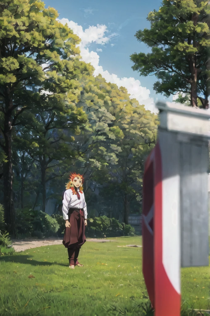 rengoku kyoujurou, demon slayer, 1boy, solo, sky, nature, tree, male focus, long hair, smile, blonde hair, red hair, red eyes, long sleeves, demon slayer uniform, outdoors, day, best quality, masterpiece, full body, standing, hands down