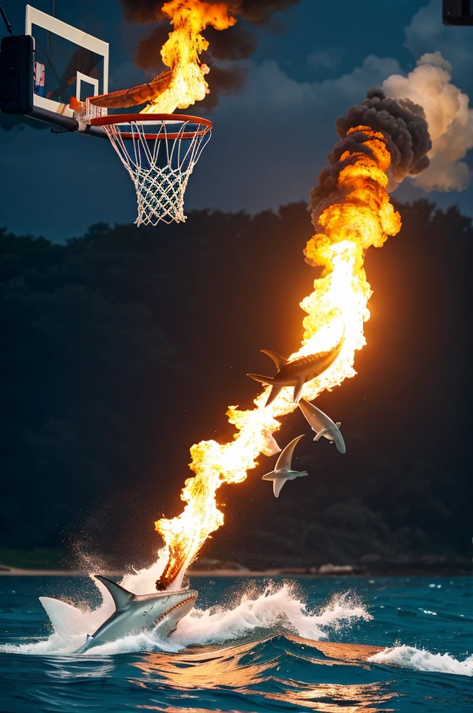 A shrimp on top of a shark dunking a basketball on fire 