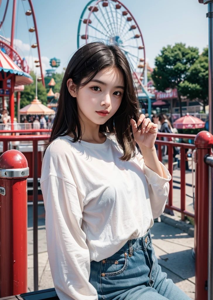 (Realistic, photo-Realistic:1.37),(8K, RAW Photos, Highest quality, masterpiece:1.2), cute, Ultra-detailed, 超High resolution, Kodak Vision Color, Filmed with an Arricam LT camera,Highest quality, Lively, 8K, High resolution, 1 girl, Escape, (Professional Lighting), (Portraiture:0.6), Black Hair, (Medium Hair),22 years old、amusement park、Going on a date、