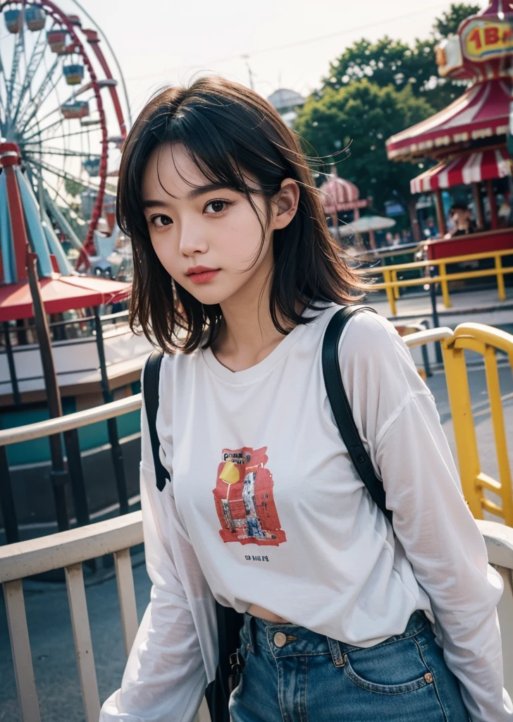 (Realistic, photo-Realistic:1.37),(8K, RAW Photos, Highest quality, masterpiece:1.2), cute, Ultra-detailed, 超High resolution, Kodak Vision Color, Filmed with an Arricam LT camera,Highest quality, Lively, 8K, High resolution, 1 girl, Escape, (Professional Lighting), (Portraiture:0.6), Black Hair, (Medium Hair),22 years old、amusement park、Going on a date、