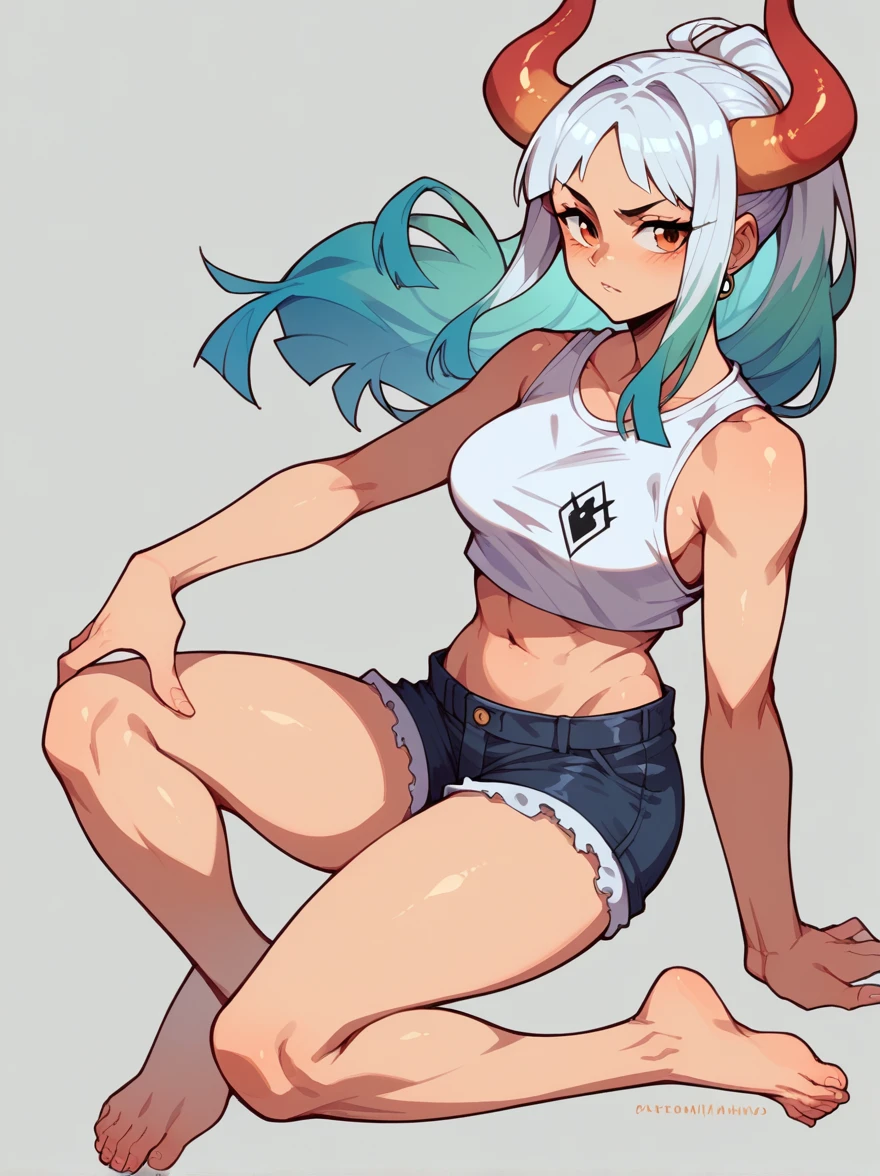 Yamato, barefoot, white crop-top, short shorts