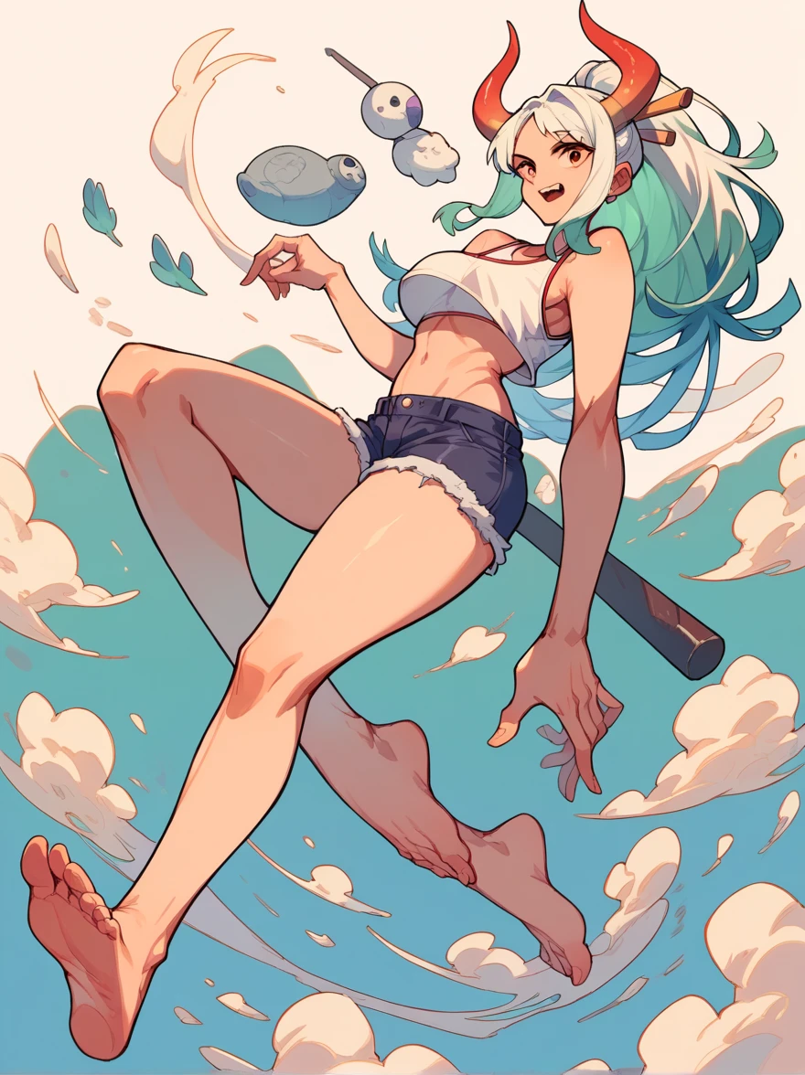 Yamato, barefoot, white crop-top, short shorts