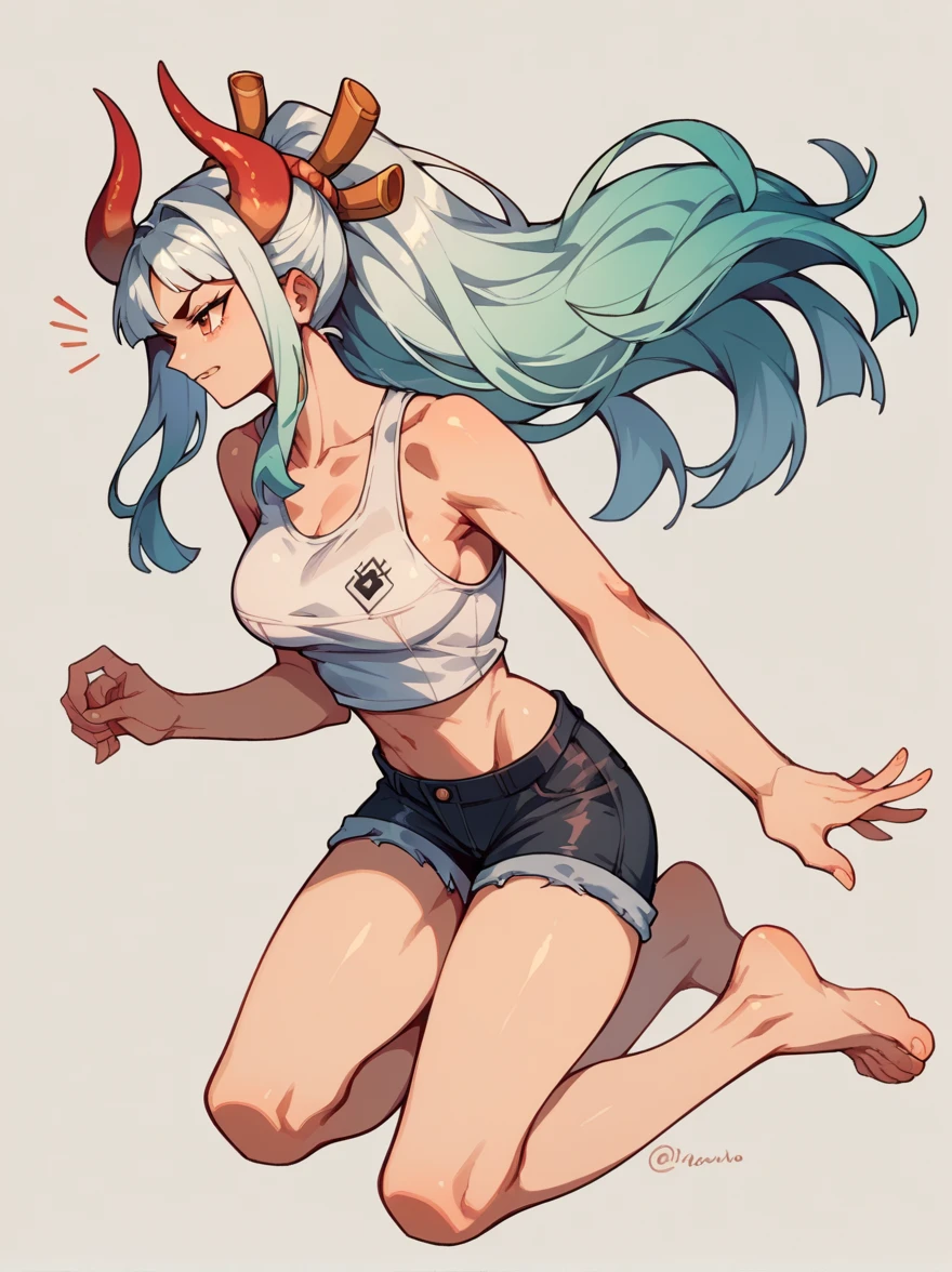 Yamato, barefoot, white crop-top, short shorts