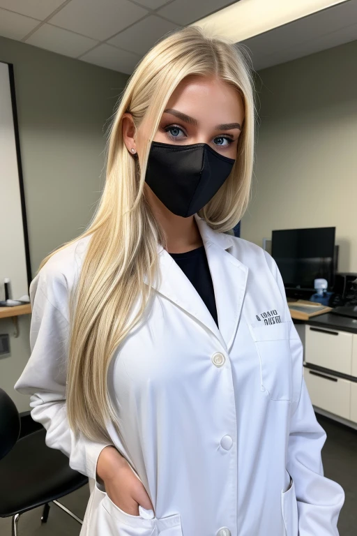 American white girl, blonde hair, blue eyes, 20 years old, best quality, extra resolution, close up portrait of AIDA_pim2023 as a scientist in chemical laboratory, wearing white medical gone and medical mask, biohazard, pretty face, serious face, adult, happy, smiling, perfect body, warm clothes, furry manto, flirting with camera, cinematic, studio photo, kkw-ph1, (dark theme:1.1) laboratory equipment, [AS-Adult]