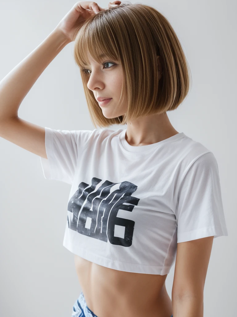 ((Highest quality、In 8K、masterpiece:1.3))、Sharp focus:1.2、Beautiful woman perfect body:1.4、Slim Abs:1.2、((Very short hair:1.2))、(Tshirt、shirt:1.1)、(White background、indoor:1.2)、Wet body:1.5、Three-dimensional texture、Detailed eyes、Brown Hair、Very shiny hair、Backward view、Hair quality improvement、Handsome short、Short-haired blonde。