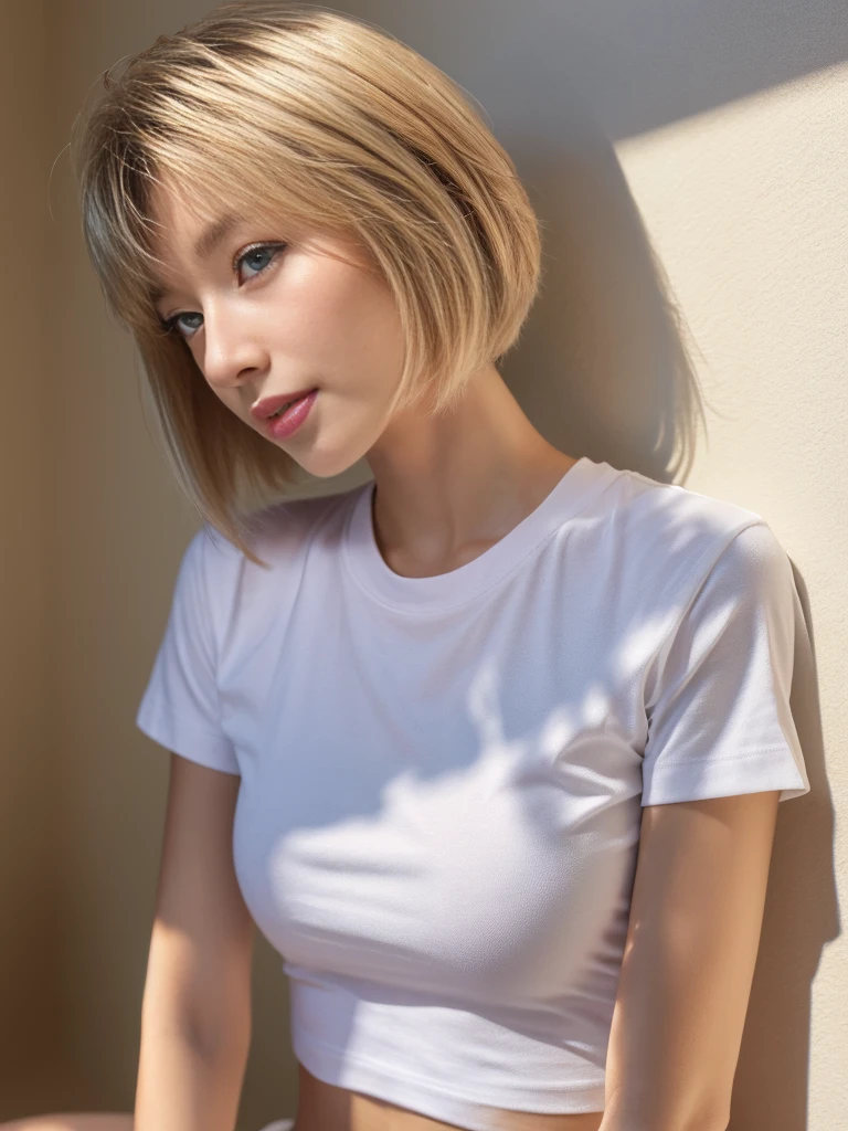 ((Highest quality、In 8K、masterpiece:1.3))、Sharp focus:1.2、Beautiful woman perfect body:1.4、Slim Abs:1.2、((Very short hair:1.2))、(Tshirt、shirt:1.1)、(White background、indoor:1.2)、Wet body:1.5、Three-dimensional texture、Detailed eyes、Brown Hair、Very shiny hair、Backward view、Hair quality improvement、Handsome short、Short-haired blonde。