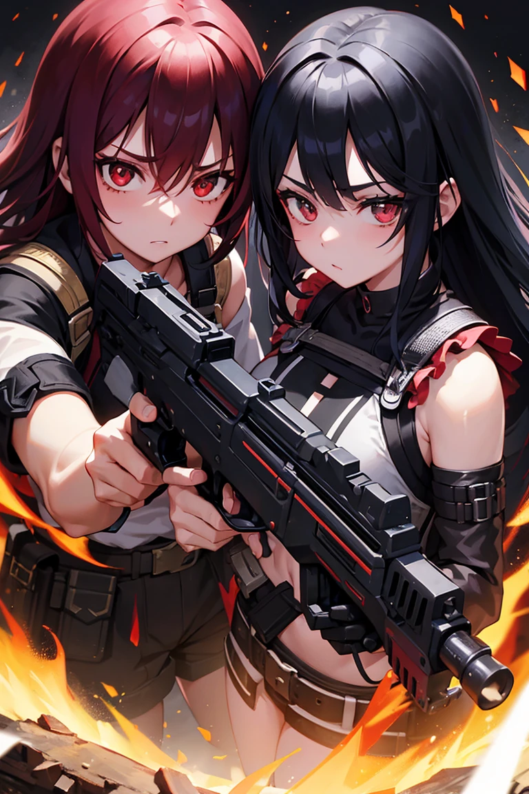 Two Girls、Black Hair、Red hair、glare at each other、Gunfight、Pointing guns at each other、Grim expression、Upper Body、Anime Style、wilderness、spark