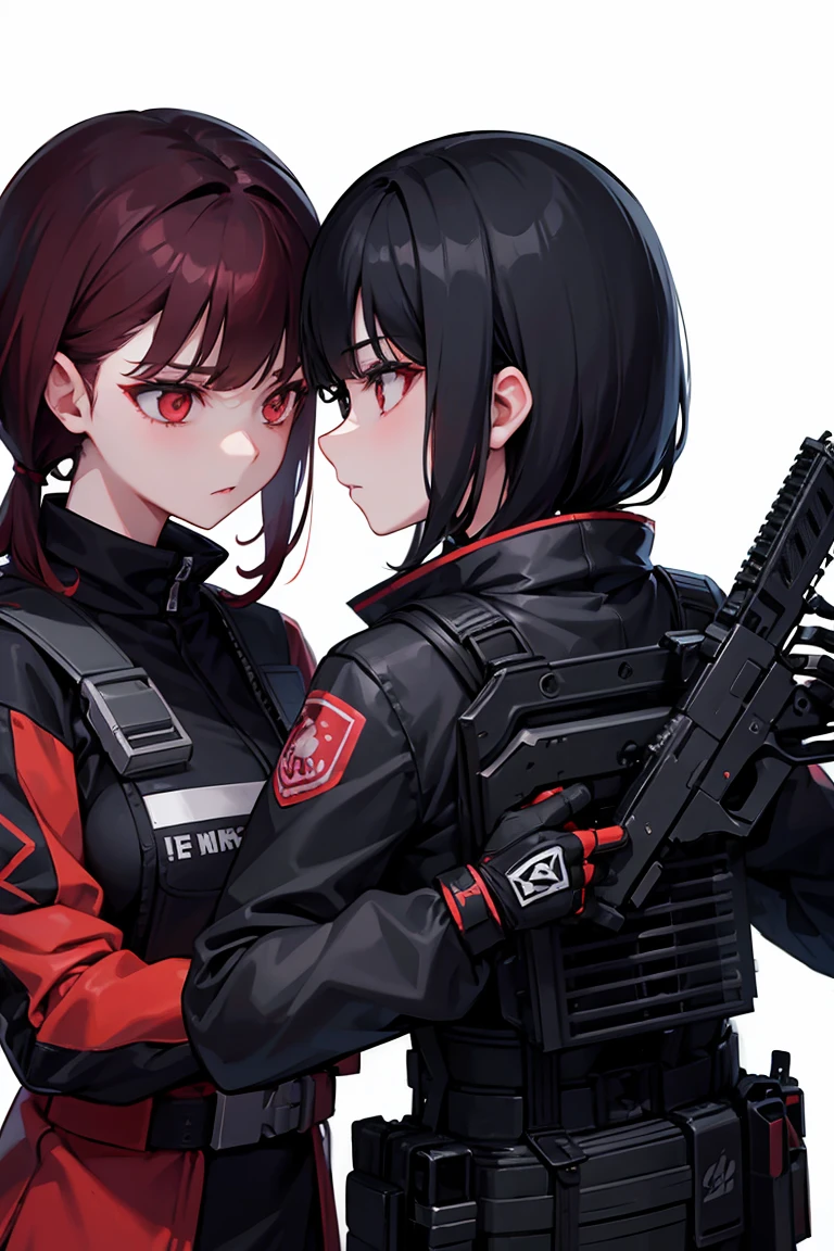 Two Girls、Black Hair、Red hair、glare at each other、Gunfight、Pointing guns at each other、Grim expression、Upper Body、Anime Style、wilderness、spark