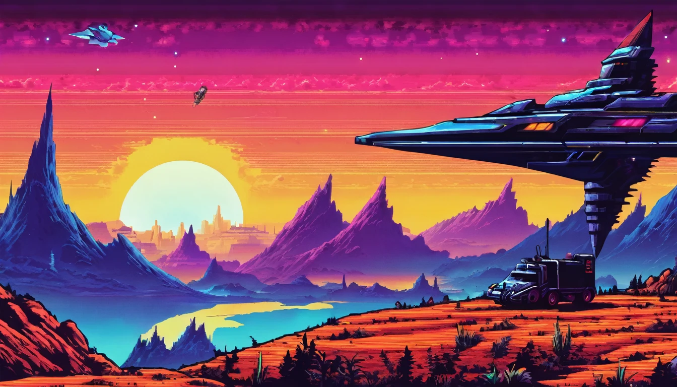 Retro games　landscape　painful　hope　A sad looking monster　Crusade　shooting star　Cyber World