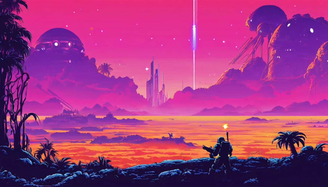 Retro games landscape painful hope A sad looking monster Crusade shooting star Cyber World