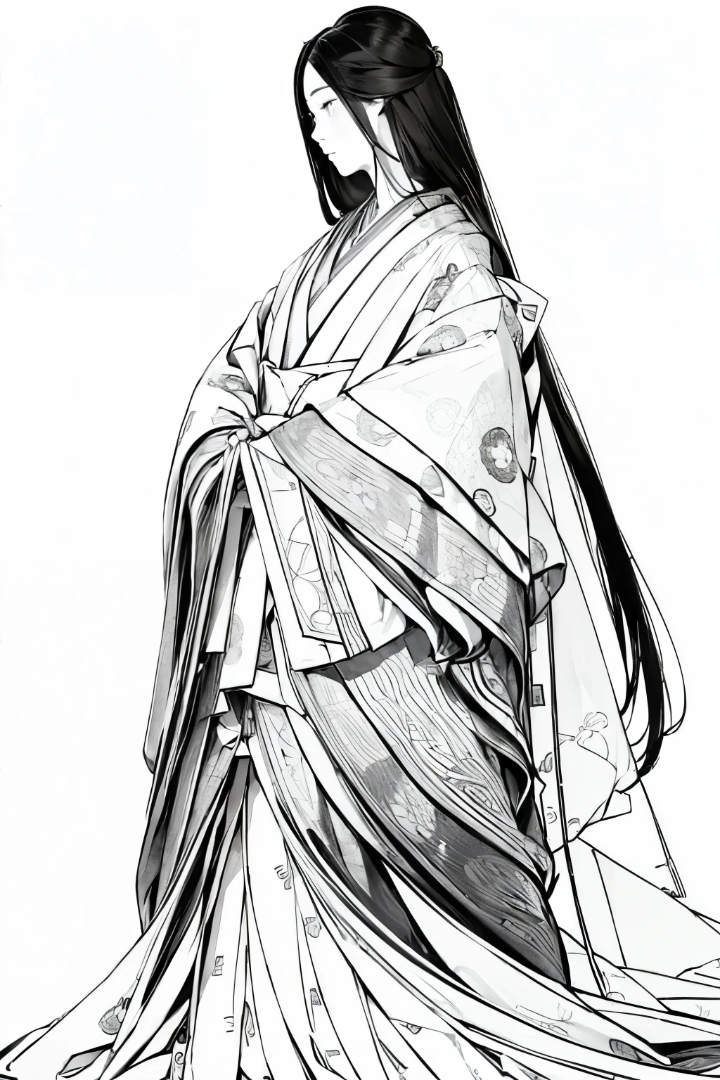 (Highest quality, masterpiece, High resolution:1.4)、(4k art)、(Line art:1.4)、(Draw only with lines:1.2)、(No solid paint:1.4)、Monochrome、sketch、Detailed, One young woman、Twelve-layered kimono、whole body、alone、from the front、From diagonally ahead、Beautiful Face、(Very long beautiful hair:1.2)、(Straight Hair:1.2)、Tang Yi、Court Crests、skirt、海賦紋のskirt、(An accurate depiction of the fan:1.2)、Tang Yiの襟の正確な描写、An accurate depiction of the five-piece chest garment、(An accurate depiction of the five-piece sleeves:1.2)、(An accurate depiction of the five-layered garment:1.2)、(Long hakama:1.2)、
(White Background)、