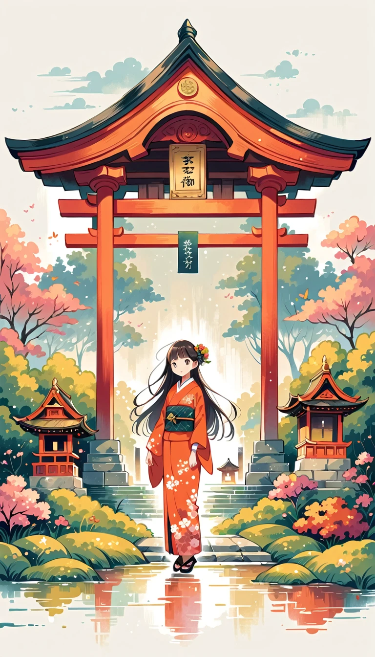 Fujichoco style, kimono, gray hair, whole body, light, temple, Torii, simple background,Simple line initialism, (((The Most Beautiful Girl))),