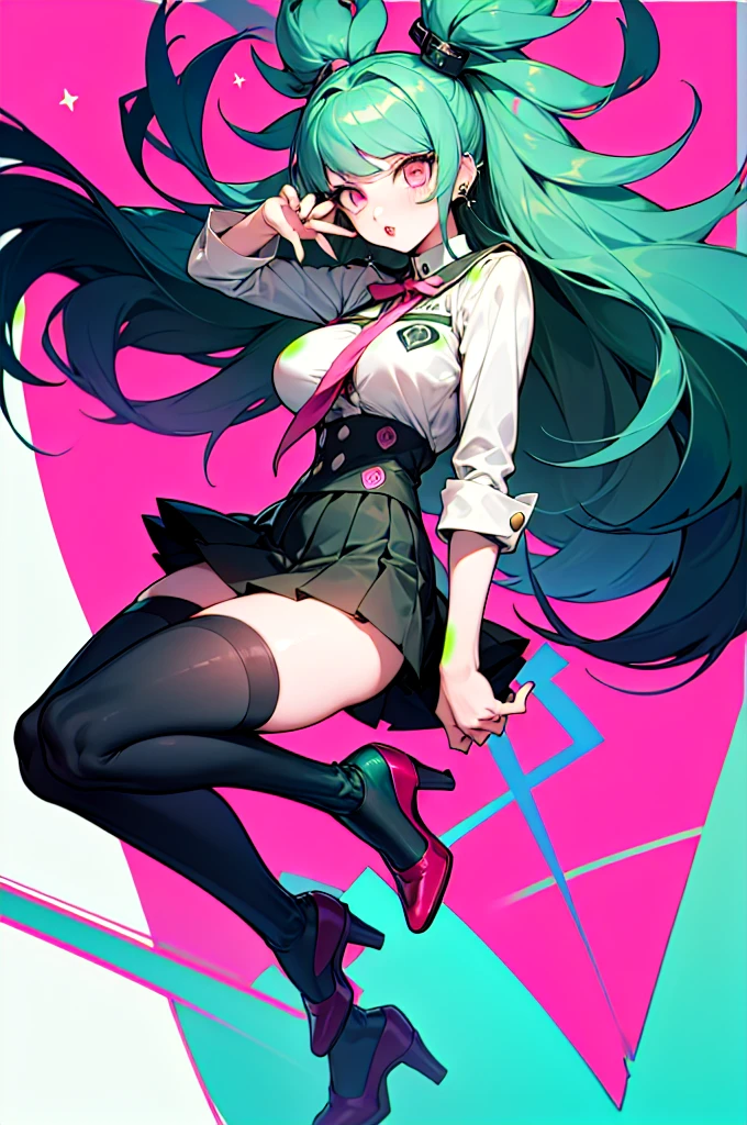a girl from the danganronpa anime with long turquoise blue hair with green and pink streaks, pink eyes with stars,medium big tits, danganronpa academy uniform , piercings, thick red lips, gothic shoes and stockings