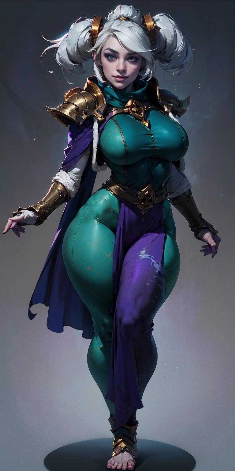 Character:

Female
 covered (presumably by clothing)
Smiling
Skin: Gray and purple with interesting mottling or swirling patterns (optional)
Hair: Pale golden, flowing and well-maintained (or styled in a specific way if you have one in mind)
Eyes: Violet, sparkling with amusement (or another emotion that fits your vision)
Attire:

Prefers white and silver clothing, with intricate details or embroidery (optional)
Deep blue or purple cloak (optional), lined with a contrasting color for a touch of elegance (optional)
Pose:

Standing tall and straight, with her feet shoulder-width apart and arms relaxed at her sides. This pose will showcase her full figure from head to toe in a symmetrical manner.
Background:

Plain (or a subtle gradient if you want to add a touch of depth)
Image details:

High resolution
Very detailed (including the clothing, with flowing fabric and realistic textures)
Additional details:

Full-figured and voluptuous (emphasizes her curves without being vulgar)