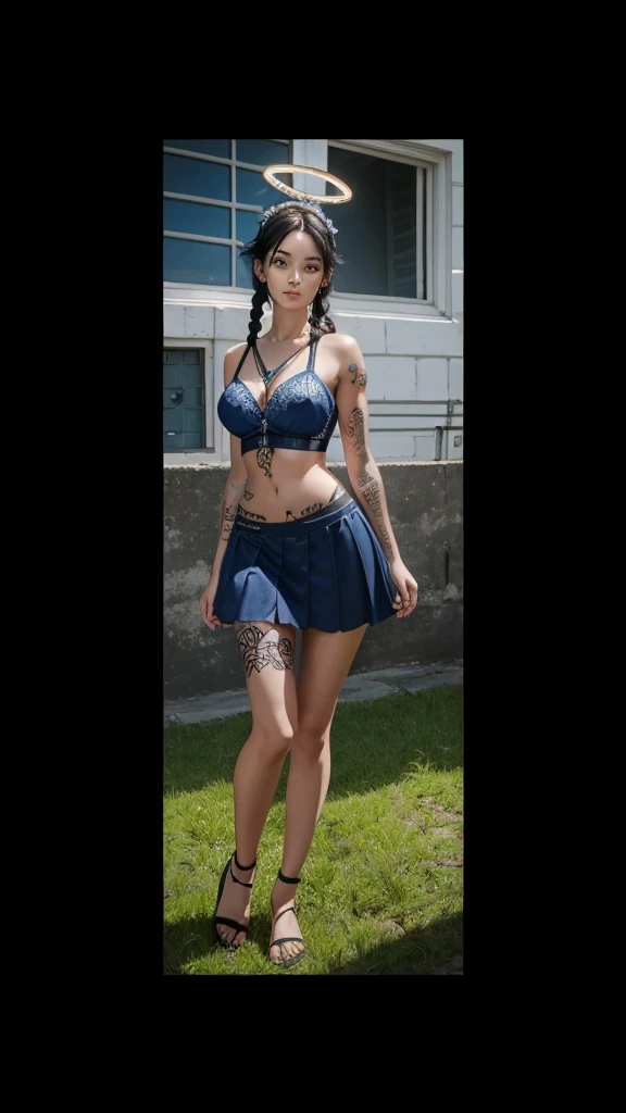 A beautiful girl full body, braided black hair, with blue bra, with blue skirt, with a tattoo on his leg and a halo over his head.
