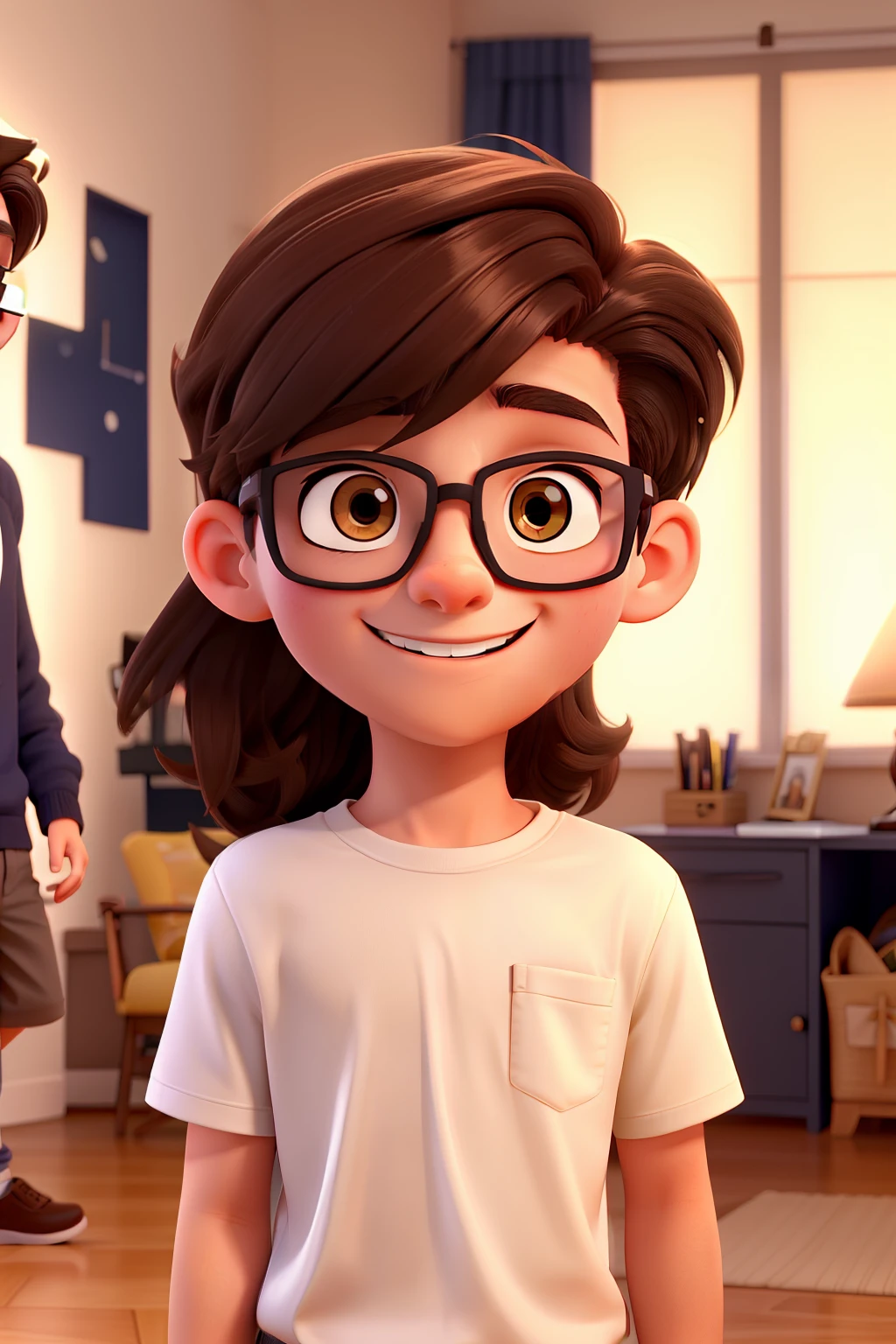 In this room full of light and joy, a boy with dark brown hair and dark eyes, with black frame glasses, plays smiling next to a blonde, with dark eyes and radiant beauty. ambos sorrem, but don't show your teeth. a cena tem a qualidade visual superior de um filme Pixar ou Disney, with precise details and vibrant colors that increase the harmonization of the environment. a , with its unparalleled beauty, joke esp